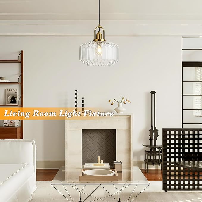 11.8in Mid Century Modern Clear Glass Pendant Light Fixture, Large Gold Kitchen Island Pendants Light Glass Ceiling Hanging Lamp for Foyer Dining Room Bedroom Entryway Hallway Over Sink