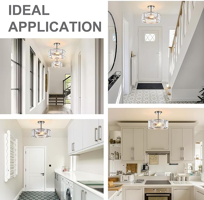 Modern Semi Flush Mount Ceiling Light Fixture, Brushed Nickel Dining Room Light Fixture, 2-Light Glass Foyer Lighting Fixtures 12.8" Small Ceiling Lights for Hallway Living Laundry Room Bedroom