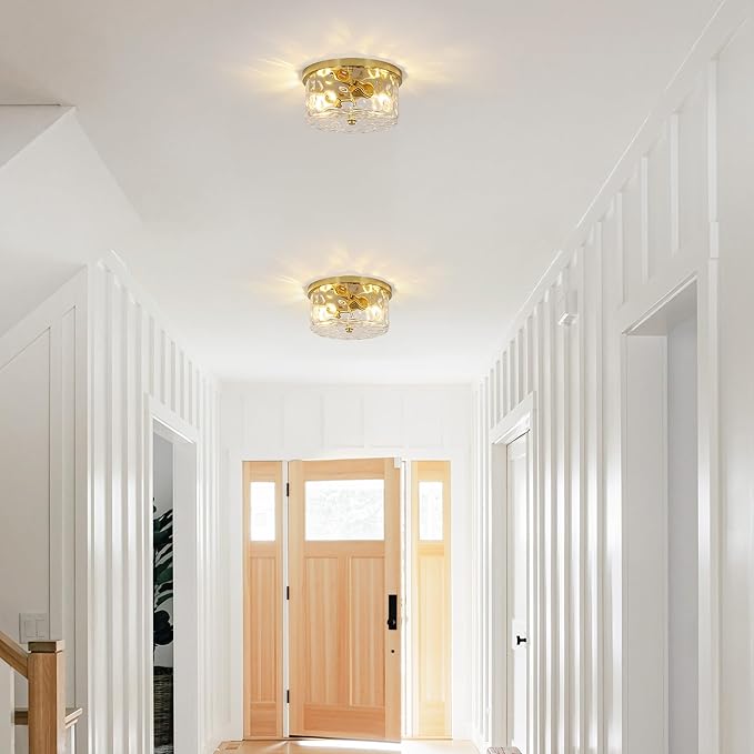 Krychiler 2-Light Flush Mount Ceiling Lights, 9.8 inch Foyer Lighting Fixtures with Ripple Glass Shade, Kitchen Lights Flush Ceiling Light Fixture for Bedroom, Island (Gold)