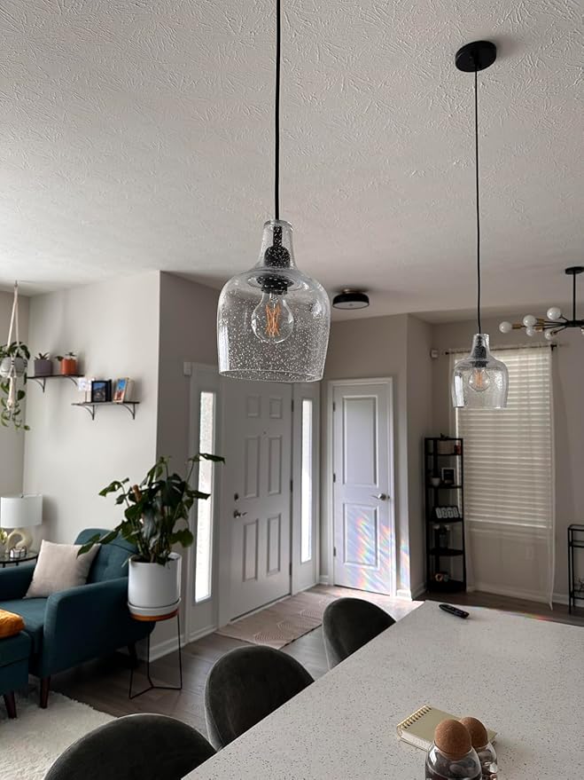 2 Pack 1 Light Indoor Hanging Kitchen Island Pendant Ceiling Light 6.1" Clear Seeded Glass Fixture,Black Finish for Farmhouse Over Sink Bedroom Hallway