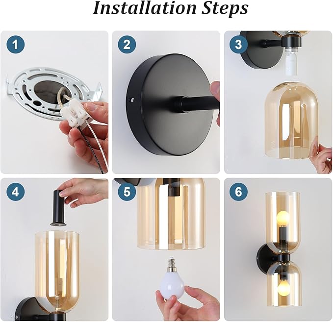 Modern Glass Wall Sconces- Double Head Wall Lighting with Long Short Glass Shades- Bathroom Vanity Light Mid-Century Up Down Hardwired Wall Lamp Indoor for Bedroom Hallway Living (Black-Amber)