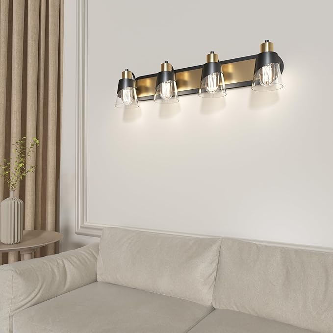 URSOLA Bathroom Vanity Light, 4 Lights Bathroom Light Fixtures, 28.3 inch Bathroom Light Fixtures Over Mirror, Black and Gold, with Bevelled Edge and Clear Glass Shade Wall Lamp