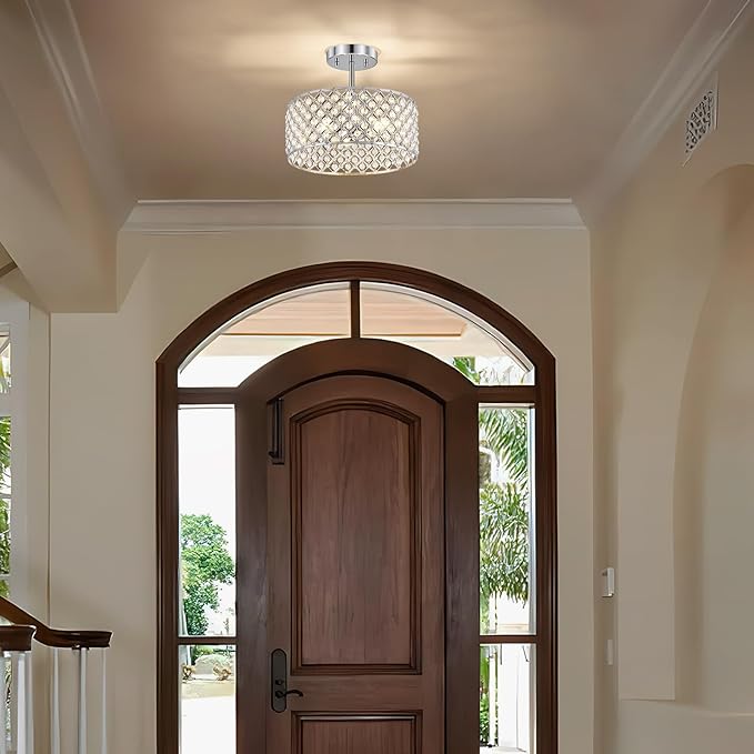 Chrome Crystal Ceiling Light Fixture,Modern Semi Flush Mount Ceiling Lighting Fixture,Round Small Chandelier for Dining Room, Hallway, Entryway, Kitchen, Bedroom,Foyer,3 Light,12 inch