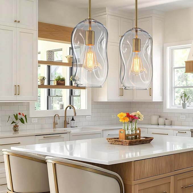 GoYeel Pendant Light Fixture - 1 Pack Blown Glass Pendant Hanging Lights, 11.4in Height Gold Finish Organic from Glass Pendant Lighting for Kitchen Island Hallway