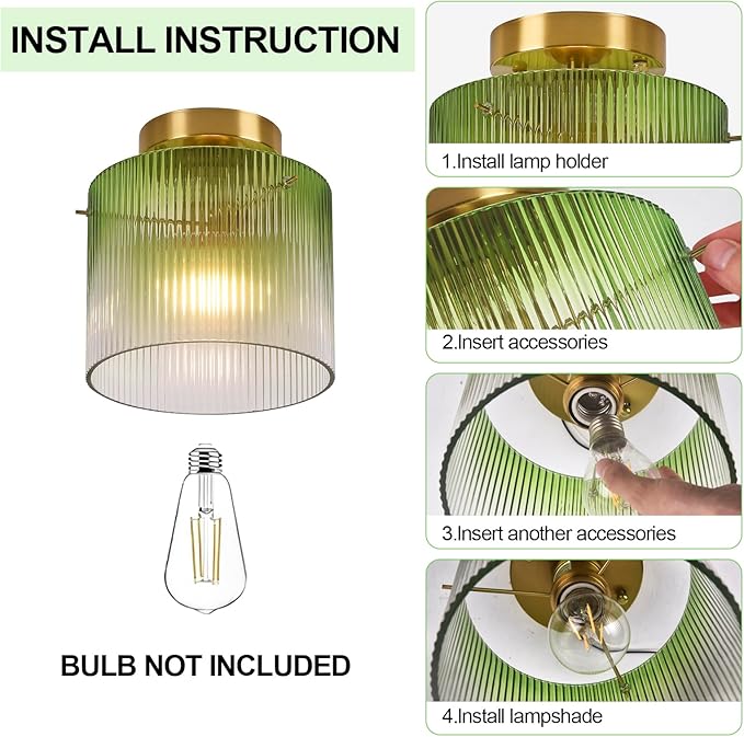 Modern Semi Flush Mount Ceiling Light, Vintage Gradient Green Glass Ceiling Light Fixture, for Closet Dining Room Kitchen Bedroom Entryway Hallway Hanging Lamp