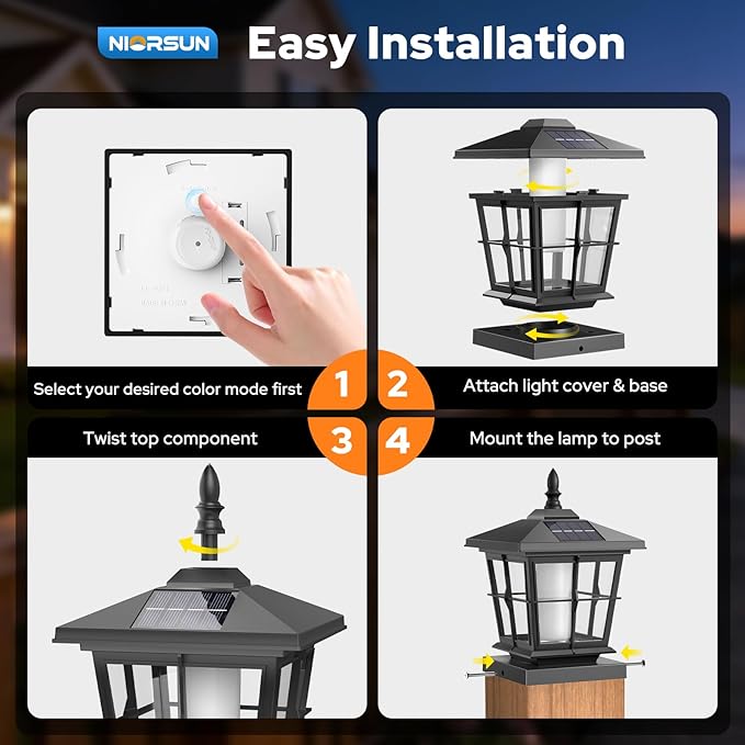 NIORSUN Solar Post Lights Outdoor, Fence Post Solar Lights with Flickering Flame Light, Waterproof, Garden Patio Fence Deck Decor, 4x4 Posts Caps, 4x4, 5x5 Wooden & Vinyl (4 Pack, Black)