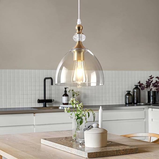 Vintage Pendant Light, Champagne Bronze Pendant Light Kitchen Island, Modern Glass Pendant Lights for Living Room, Dining Room, Bedroom, Hallway, Foyer, Sink, 2 Pack