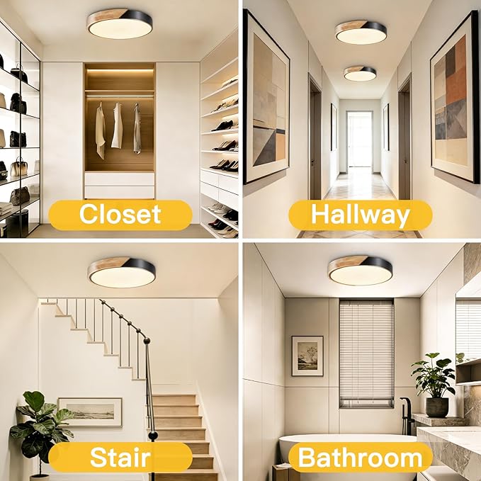 Modern Flush Mount Ceiling Light, Wood Ceiling Light Fixture, Warm White 3000K Not Dimmable, Minimalist Ceiling Lamp with Acrylic Lampshade for Bedroom, Living Room, Hallway(Black, 11.8")