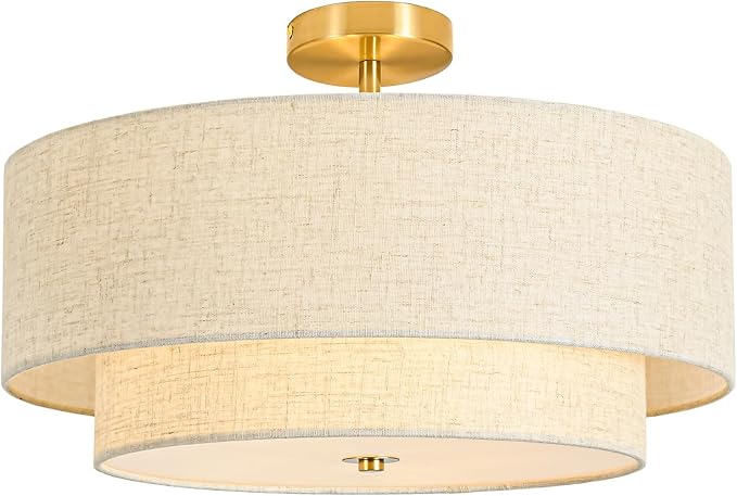 19.7" Semi Flush Mount Ceiling Light, 4-Light Drum Ceiling Light Fixture with 2-Tier Fabric Linen Shade Design, Modern Classic Ceiling Light for Dining Room, Living Room, Bedroom, Hallway, Entryway