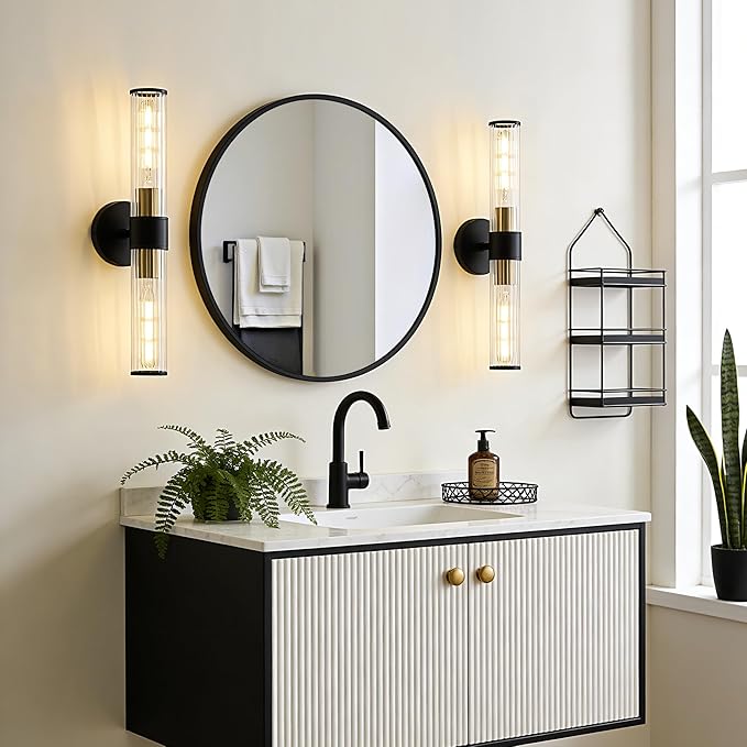 Bathroom Light Fixtures 2 Pack Hardwired, Black Gold Wall Sconce Threaded Glass Vanity Light Featuring Two E26 sockets, Bathroom Wall Light Dimmable - Bulb Not Included, UL Certification