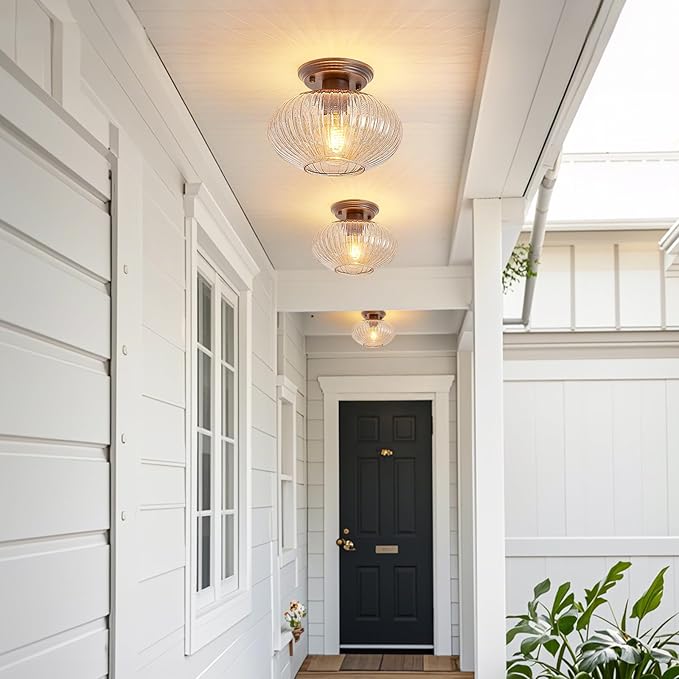 Semi Flush Mount Ceiling Light, Black Vintage Kitchen Ceiling Lights, Amber Striped Glass Close to Ceiling Light Fixtures for Living Room, Hallway, Bedroom