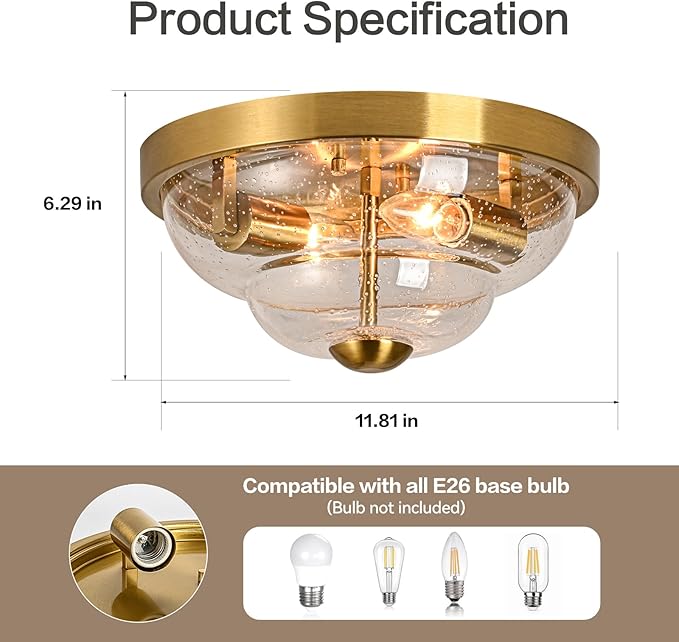 Flush Mount Ceiling Light Fixtures, 2-Light Ceiling Mount for Farmhouse with Seeded Glass Lampshade, Industrial Flush Mount Light Fixture Farmhouse for Hallway, Kitchen, Entryway,Bedroom
