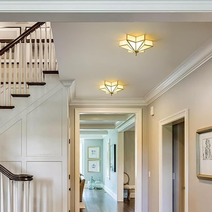 Star Brass Vintage Ceiling Light - 12.2 in Small Milk Glass Antique Brushed Gold Flush Mount Fixture, Mid Century Art Deco Overhead Lighting for Kitchen Hallway Bedroom Bathroom Laundry Entryway Hall