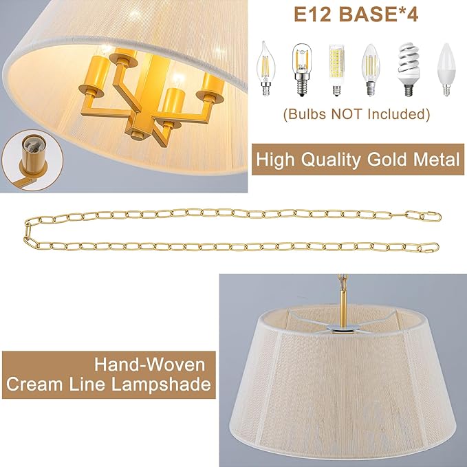 15.75" Gold Drum Pendant Light, 4-Light Rattan Chandelier Large Pendant Light Fixtures for Dining Room Kitchen Island Living Room Foyer Entryway Bedroom, Adjustable Chain