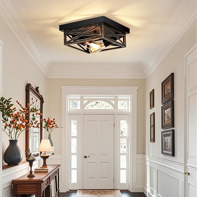 ZHU YAN Hallway Light Fixture,1 Pack Industrial Square Flush Mount Ceiling Light,Farmhouse Fixture for Kitchen,Living Room,Entryway,Bedroom E26 Base