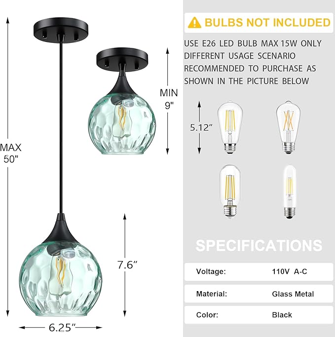 6.3" Hammer Green Glass Pendant Light 3 Pack Pendant Ceiling Light Fixtures Black Finish Modern Farmhouse Dinning Over Sink Adjustable Height Cord