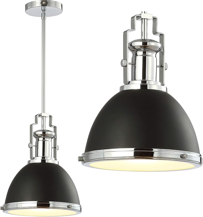 JONATHAN Y 10" Black/Chrome Modern Industrial Iron LED Dome Pendant Light, Adjustable Hanging Fixture for Kitchen Island or Entryway, Black Metal Shade, LED Bulb Included (JYL9535B)