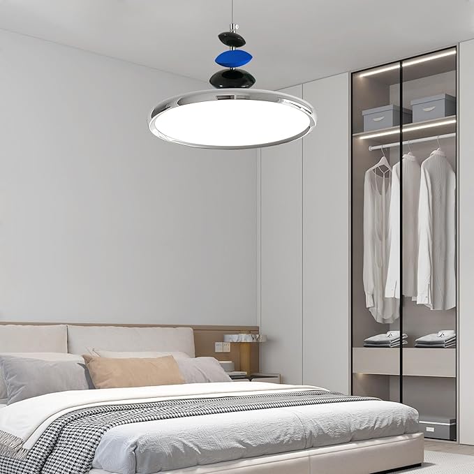 Mikeru Modern Pendant Lights, 15.8" Chrome Pendant Lighting Fixture with Remote Control Dimmable 3 Color Mode & Brightness Mid Century Island Light Fixture for Dining Room,Kitchen,Living Room