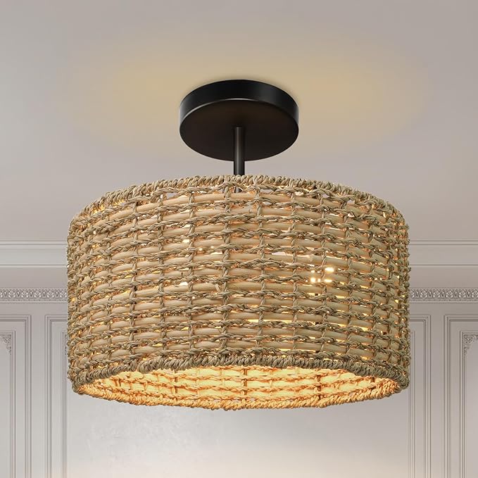 Boho Light Fixtures Ceiling Mount, 12.6" Rattan Ceiling Lights, 3-Light Hand Woven Semi Flush Mount Ceiling Light Fixture, Farmhouse Wicker Ceiling Lights for Bedroom Hallway Entryway Kitchen
