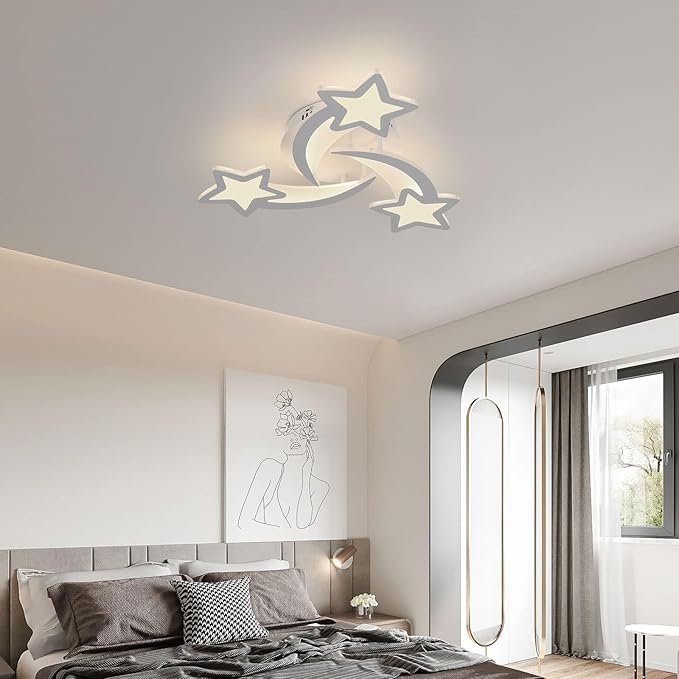 Goeco Kidsroom Ceiling Light, 3 Light Mode (3000K/4500K/6000K) White Acrylic Close to Ceiling Light Fixtures, Stars Cartoon Flush Mount Ceiling Lamp Fixture for Kids Room, Bedroom, Living Room