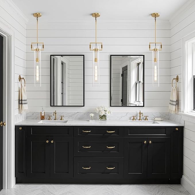 Modern Gold Glass Pendant Light: Knurled Brass Pendant Lights Kitchen Island Set of 2 - Minimalist Pendants Lighting Fixtures with Long Tube - Dimmable Hanging Light Fixture over Table Bulb included