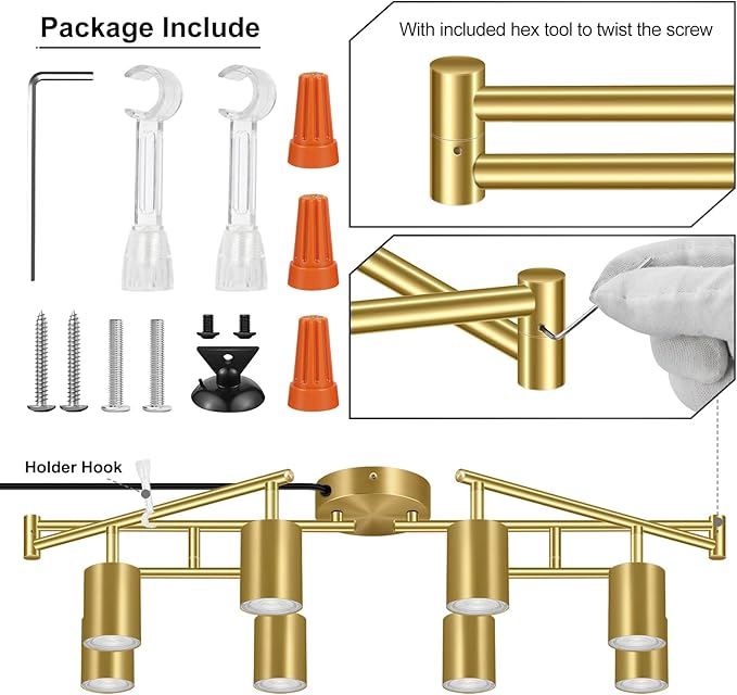 Plug in Track Lighting LED, Track Lighting Fixtures Ceiling, Gold 8-Light Kitchen Light Kit, Plug in Wall Light with 14.8ft Power Cord, Rotatable Ceiling Spotlight for Bedroom(GU10 Socket, NO Bulb)