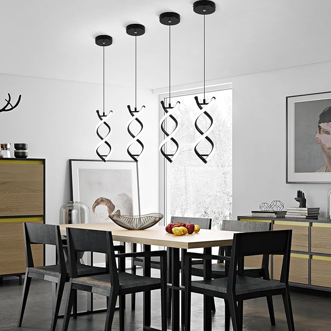 CANEOE Spiral Modern Pendant Light Fixture, 5500K Cold White Black LED Hanging Lamp, Adjustable Height Black Kitchen Island Light Fixture for Dining Room Bedroom Kitchen Sink ((Black, 5500K, 2 Packs)