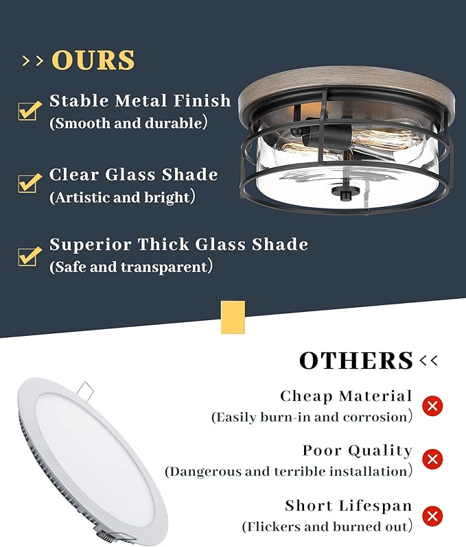 EAPUDUN 2-Light Flush Mount Ceiling Light Fixture, 12inch Farmhouse Vintage Close to Ceiling Lights with Clear Glass for Kitchen Bedroom Foyer Hallway Stairway Entryway, FMA1414-FBDT