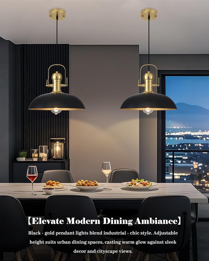 Black and Gold Pendant Lights 2 Pack, 13.8 Inch Black Farmhouse Pendant Light, Industrial Pendant Light Kitchen Island, Island Pendant Lights for Kitchen Barn Hallway Porch Dining Room