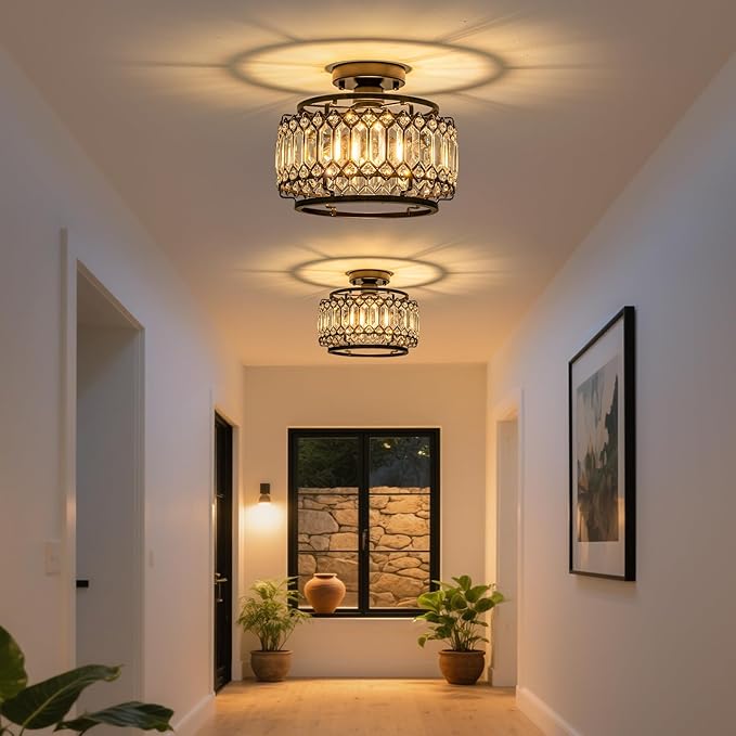 Modern Black Crystal Flush Mount Ceiling Light with LED Bulb (50% Brighter) – 11.4" Dimmable Chandelier for Dining Room, Bedroom – Reinforced Iron Frame & K9 Crystals – Easy Install