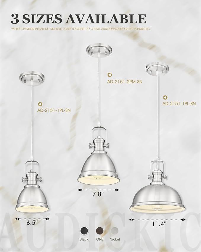 2-Pack Pendant Lights Kitchen Island, 8" Farmhouse Hanging Lights Fixtures with Metal Shade, Rustic Kitchen Pendant Lighting Over Island for Dining Room, Brushed Nickel, AD-2151-2PM-SN