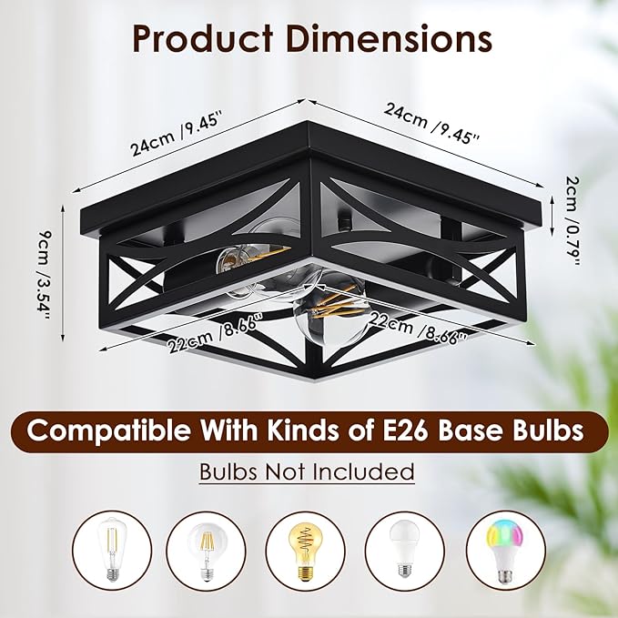 Ceiling Light, Farmhouse Flush Mount Ceiling Light, 2-Light Light fixtures Ceiling Mount, Modern Square Black Light Fixture, Kitchen Lighting Fixtures Ceiling,Bedroom,Balcony