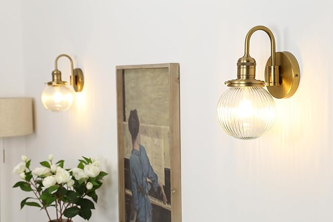 Industrial Vintage 1-Light Wall Sconce with 5.9" Round Ribbed Clear Glass Globe Lampshade, U-Shaped Indoor Wall Mounted Lamp Fixture for Bedroom Living Room Bathroom Vanity