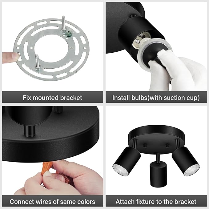 3 Light Track Lighting Fixtures Ceiling, Matte Black Round Directional Ceiling Spotlight, GU10 Flush Mount Ceiling/Wall Fixture, Adjustable Modern LED Track Light for Kitchen/Living Room, No Bulb