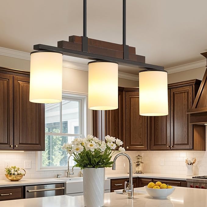 Farmhouse Wood Kitchen Island Lighting, 3-Light Adjustable Chandelier for Dining Room, Milk Glass Shade Dining Room Light Fixture Over Table, Black Hanging Pendant Lights for Kitchen, Pool Table