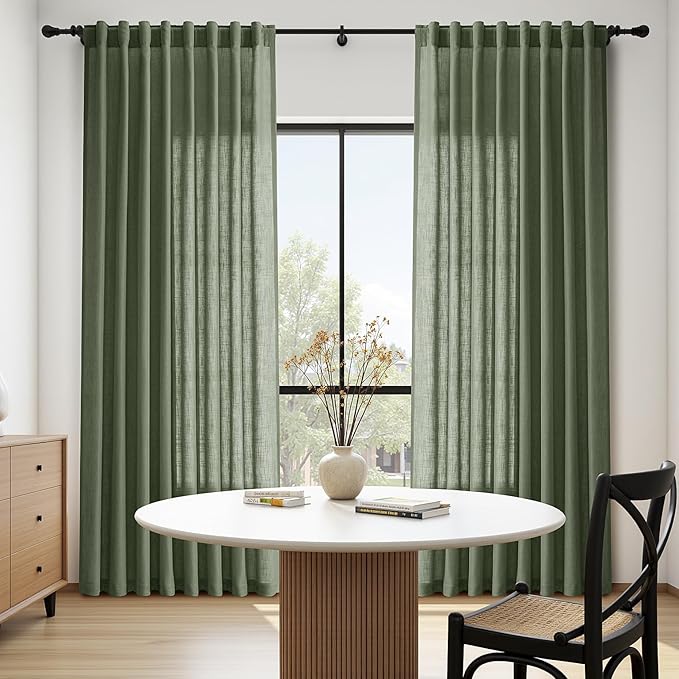 Nanspring Olive Green Linen Blend Semi Sheer Curtains 108 Inches Long x 60 Inches Wide, 2 Panel Set Back Tab Privacy Filtered and Breathable Extended Curtain for Bedroom Living Room 60x108