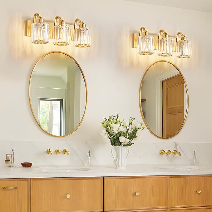 3-Light Gold Bathroom Light Fixtures,Modern Bathroom Vanity Lights Fixture with Clear Crystal Glass Shade, Modern Crystal 3 Lights Wall Sconce (Exclude Bulb)