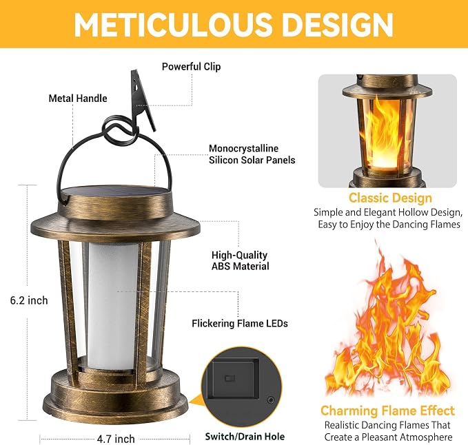 Solar Lanterns Outdoor Waterproof, Upgraded Flickering Flame Solar Lights Outdoor, Solar Powered Lanterns Decorative, Hanging Solar Lantern for Garden Yard Patio Path Porch Tree Decor 4 Pack(Copper)