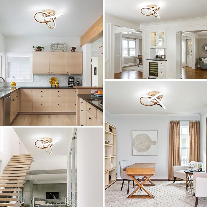 CANEOE Modern LED Ceiling Light, 6000K Gold Led Hallway Ceiling Light Fixtures, Curved Design Semi Flush Mount Ceiling Lights for Hallway Bathroom Kitchen Entryway Stair Ceiling Lamp (No Dimmble)