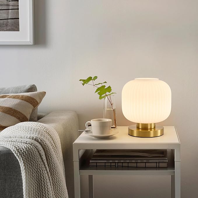Dimmable Small Glass Table Lamp: Mid Century Modern Nightstand Light with Milk White Shade - Small Decorative Brass Desk Lamp - Ribbed Glass Bedside Tables Lamps for Bedroom Living Room Bulb Excluded