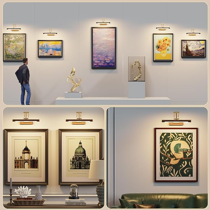 Rechargeable Picture Lights for Wall Art,12 inch Battery Operated Down Lights,3CCT Dimmable with Remote,Rotatable Gallery Light for Artwork,Wood