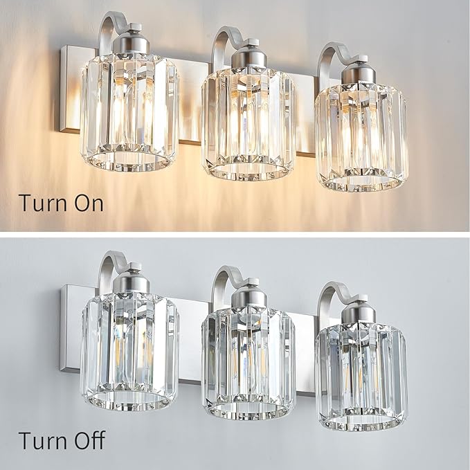 Modern Vanity Light 3-Lights Brushed Nickel Vanity Light Crystal Bathroom Wall Light Bathroom Light Fixtures with Round Shade (Exclude Bulb)
