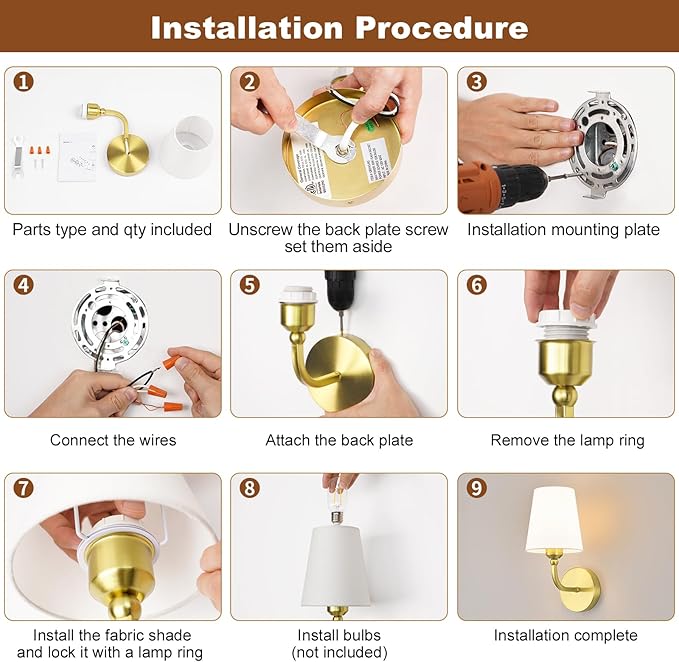 Modern Bathroom Vanity Light, Brushed Gold Bathroom Light Fixtures, Set of 2 Lighting Fixtures Over Mirror, Modern Wall Sconce with Flared White Fabric Shade, E26 Socket(ETL Listed)