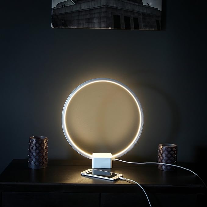 Brightech Circle LED Nightstand Lamp with USB Port – Compact Bed Stand Lamp for Bedroom, Living Room - Modern Asian Table & Desk Lamp on Side & End Tables - White