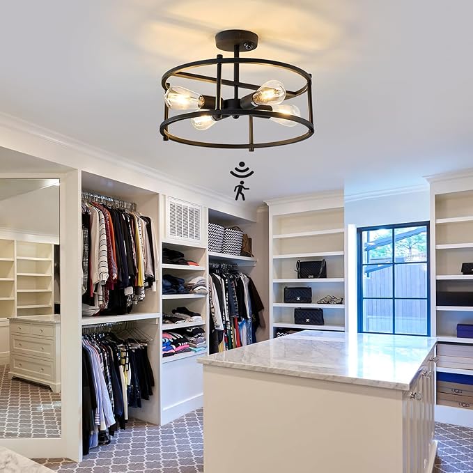 hesoge Motion Sensor Ceiling Light Indoor Industrial 4 Light Semi Flush Mout Ceiling Light Fixture Black Overhead Light for Entryway Hallway Closet Porch Front Farmhouse