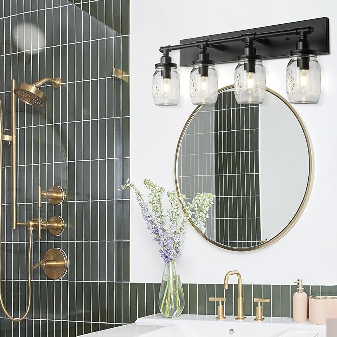 Bathroom Wall Light Fixtures, Industrial Mason Jar Vanity Light, Wall Sconce with Black Finish(4 Light)