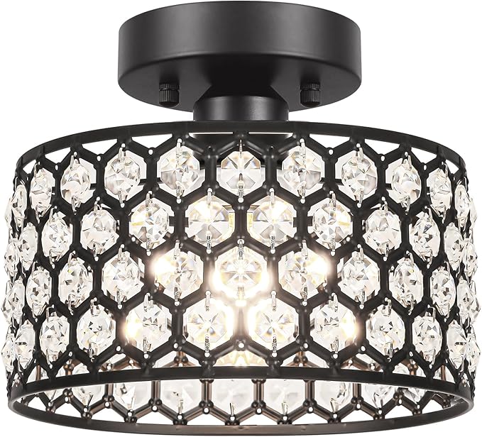 Black Crystal Ceiling Light Fixture - Modern Semi Flush Mount Ceiling Chandelier Lighting for Hallway, Kitchen & Foyer | Dazzling Prism Chandelier with Easy Installation,1 Light, 9 in