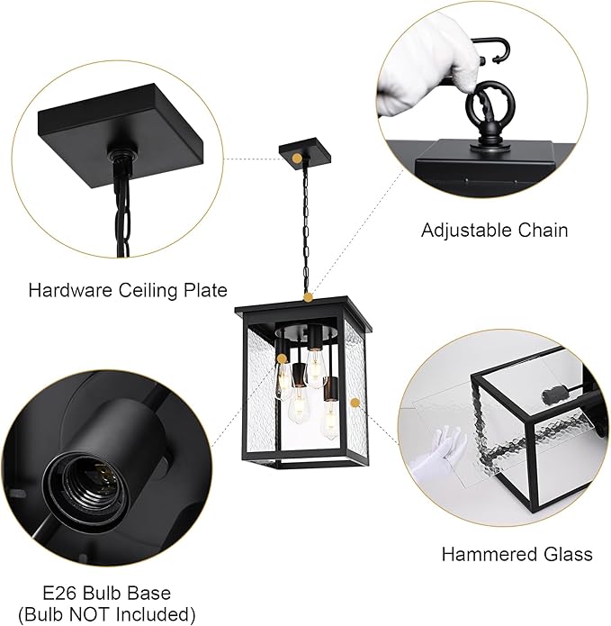 TODOLUZ Large 4-Light Outdoor Pendant Light Fixture, Exterior Hanging Porch Lighting with Hammered Glass for Foyer Entryway, Adjustable Long Chain & E26 Bulb Base
