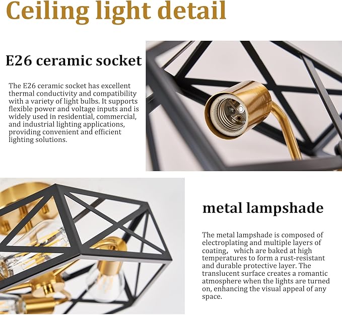 Modern Farmhouse Black and Gold Ceiling Light,Industrial Semi Flush Mount Ceiling Lighting Fixture,Hexagonal Lighting Fixtures for Kitchen,Bedroom,Foyer,Dining Room,Hallway,3-Light,14.6 Inch
