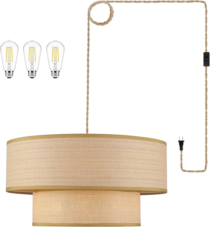Plug in Pendant Light Rattan Hanging Lights with Plug in Cord 15FT Hemp Rope Cord, 18in Boho Plug in Chandelier for Dining Room, Living Room, Kitchen, Bedroom(Bulb Included)